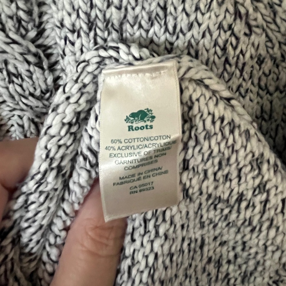 Roots Canada Marled Cable Knit Sweater Black White Crew Neck Raglan Medium - Picture 5 of 7